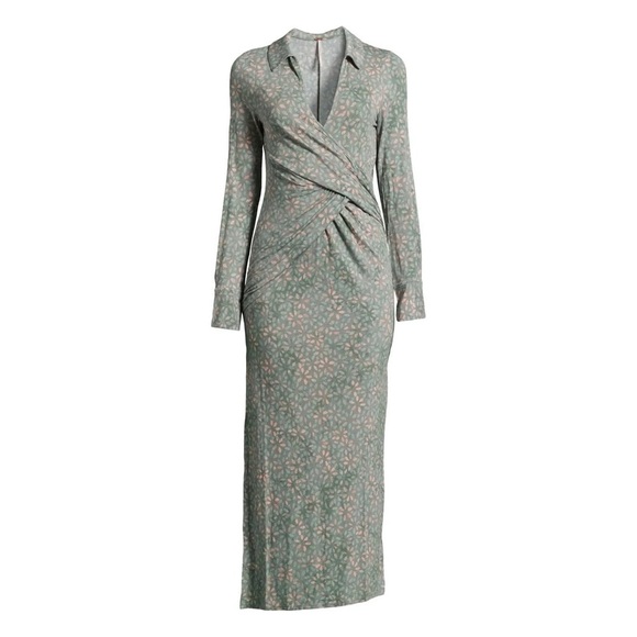 Free People Shayla Floral Long Sleeve Wrap Midi Dress Size S - Mint Combo - NWT - Picture 14 of 16